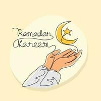 One continuous line drawing of hand and a half moon for symbol ramadan kareem.  ramadan design concept with simple linear style. islamic design concept. vector