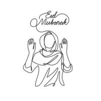 One continuous line drawing of a a happy woman in welcoming Eid al-Fitr. Eid mubarak and Ramadan kareem design concept with simple linear style. Eid mubarak vector design concept.