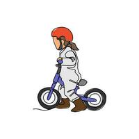 a child is learning to use a bicycle in continuous line art drawing style. design with Minimalist black linear design isolated on white background. Sport themes Vector illustration