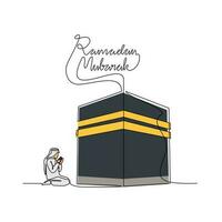 uno continuo línea dibujo de un musulmán hombre es Orando el ka'bah durante Ramadán tiempo. musulmán Orando diseño con sencillo lineal estilo. Ramadán kareem diseño concepto vector