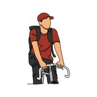 un hombre usos un bicicleta a Vamos a trabajo en continuo línea Arte dibujo estilo. diseño con minimalista negro lineal diseño aislado en blanco antecedentes. deporte temas vector ilustración