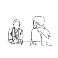 One continuous line drawing of a doctor is examining patient in the clinic or hospital. Health design concept with simple linear style. Health themes vector design illustration concept.