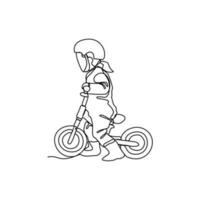 un niño es aprendizaje a utilizar un bicicleta en continuo línea Arte dibujo estilo. diseño con minimalista negro lineal diseño aislado en blanco antecedentes. deporte temas vector ilustración