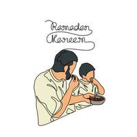 Father and his son iftar or open fasting ramadhan time in continuous line art drawing style. design with Minimalist black linear design isolated on white background. Vector illustration