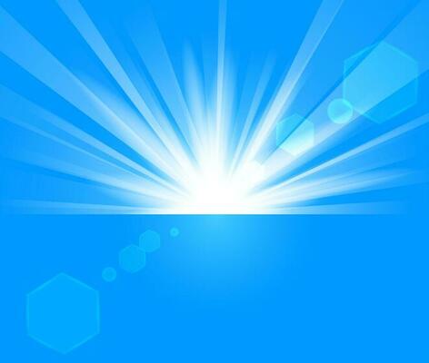 Blue Rays Rising From Horizon In Light Background, Vector Illustration