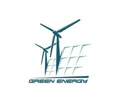 Wind turbine and solar panel icon, green energy vector