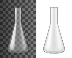 Realistic laboratory glassware, glass flask beaker vector