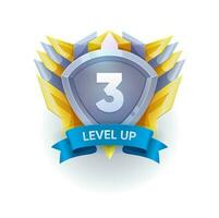 Game level up badge and win icon, shield banner vector