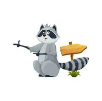 Cartoon raccoon character at road sign show road vector