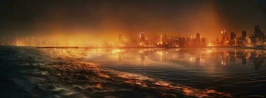 Post apocalypse. Nuclear apocalypse survivor. Ruined Cityscape. Concept. Banner size. Header, A nuclear explosion in the center of the metropolis. The beginning of apocalyptic, generate ai photo