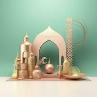 Islamic background, Gift box, lantern, gold crescent moon on white. Design concept of ramadan kareem, mawlid, iftar,isra and miraj or eid al fitr adha, generate ai photo