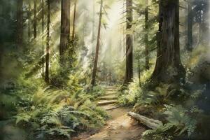 Sunny summer forest.Picture created with watercolors , generate ai photo