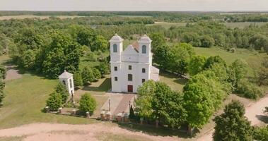 circular flight and aerial view classicism temple or catholic church in countryside video