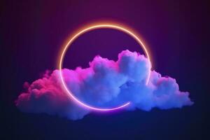 3d render, abstract cloud illuminated with neon light ring on dark night sky. Glowing geometric shape, round frame, generate ai photo