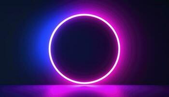 3d render, blue pink neon round frame, circle, ring shape, empty space, ultraviolet light, 80s retro style, fashion show stage, abstract background, generate ai photo