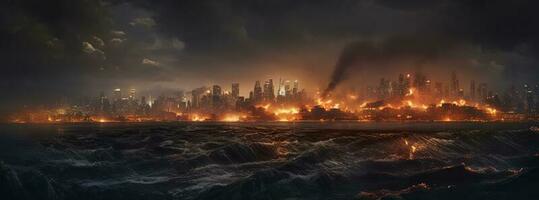 Post apocalypse. Nuclear apocalypse survivor. Ruined Cityscape. Concept. Banner size. Header, A nuclear explosion in the center of the metropolis. The beginning of apocalyptic, generate ai photo