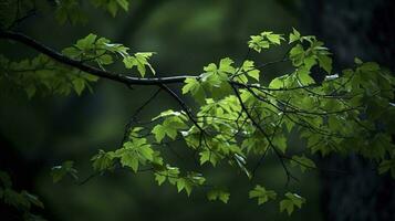 Earth Day and World Environment Day, Spring, Tropical tree leaves and branch with beautiful green forest background, generate ai photo