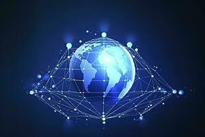 Global network on Earth concept. 3D rendering, World map point. Big data analytics and business concept, world map point and line composition concept of global business, generate ai photo