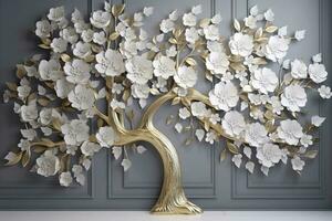 3d wallpaper floral tree background with white flower leaves and golden stem. interior wall home decor, generate ai photo