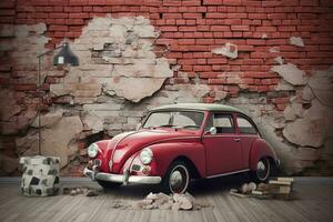 3d mural fondo de pantalla roto pared ladrillos y un clásico rojo coche. mundo mapa en un de colores antecedentes. para para niños y niños cama habitación fondo de pantalla, generar ai foto