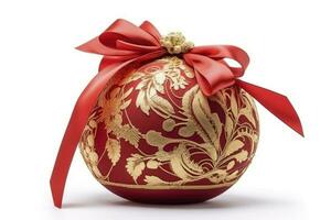 art Red Christmas ball with a beautiful bow and a golden pattern. christmas design element isolated on white background , generate ai photo