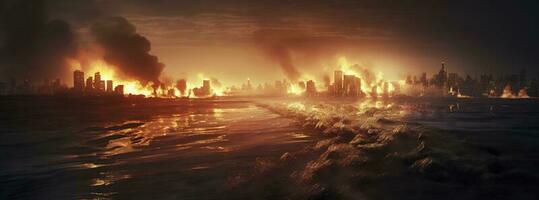 Post apocalypse. Nuclear apocalypse survivor. Ruined Cityscape. Concept. Banner size. Header, A nuclear explosion in the center of the metropolis. The beginning of apocalyptic, generate ai photo