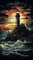Lighthouse on a rock in stormy weather, generate ai photo