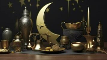 Islamic background, Gift box, lantern, gold crescent moon on white. Design concept of ramadan kareem, mawlid, iftar,isra and miraj or eid al fitr adha, generate ai photo