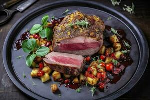 Traditional roasted Italian panettone tagliata di manzo with sliced beef steak and vegetables served close-up on a Nordic design plate, generate ai photo