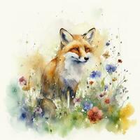 A fox in a field of flowers, watercolor painting, beautiful natural forms, crisp clean shapes, colorful, white background, generate ai photo