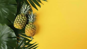 Top view of fresh pineapple with tropical leaves on yellow background , generate ai photo