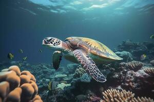 mar Tortuga nadando el submarino, hermosa submarino y vistoso coral en el salvaje naturaleza de el Pacífico Oceano generar ai foto