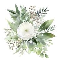 Watercolor floral composition. Hand painted white flowers, forest leaves of fern, eucalyptus, gypsophila. Green bouquet isolated on white background , generat ai photo