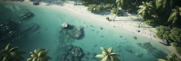 bhanner tamaño. ver desde arriba, maravilloso aéreo ver de palmas en el arenoso playa. tropical paisaje, azul agua, ondas, generar ai foto