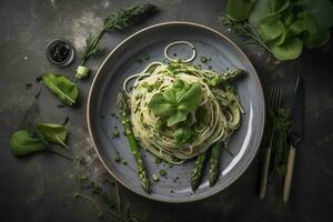 Traditional Italian spaghetti with asparagus in a herb sauce served as a top view on a Nordic design plate, generate ai photo
