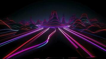 light lines with bright colors in a dark environment, in the style of futuristic landscapes, vibrant skylines, light bronze and magenta, light crimson and light blue, generat ai photo