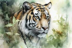 Paint a realistic portrait of a tiger in the jungle watercolor painting, beautiful natural forms, crisp clean shapes, colorful, white background, generate ai photo