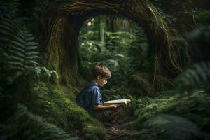 un pequeño chico yendo hacia el profundo mágico selva a lo largo , generar ai foto