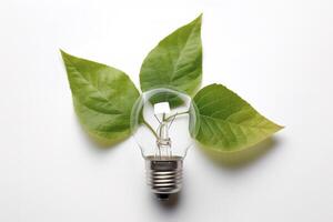 Eco-friendly lightbulb from fresh leaves top view, concept of Renewable Energy and Sustainable Living, created with technology photo