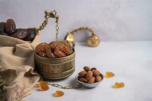 Eid al-Fitr holiday concept with sweet dried dates, fruits and decorations on bright background. Top view from above, generate ai photo