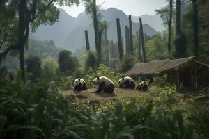 A family of pandas playing in a bamboo forest with a mountain range in the background, generate ai photo