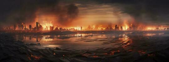 Post apocalypse. Nuclear apocalypse survivor. Ruined Cityscape. Concept. Banner size. Header, A nuclear explosion in the center of the metropolis. The beginning of apocalyptic, generate ai photo