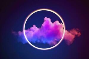 3d render, abstract cloud illuminated with neon light ring on dark night sky. Glowing geometric shape, round frame, generate ai photo
