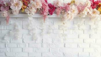 Flower texture background for wedding scene. Flowers on white brick wall with free space for text. Wedding or party decoration. Floral arrangement, floristics setting, generate ai photo