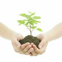 Environment Earth Day In the Tree plant in woman hand isolated on white background. Forest conservation concept, concept eco earth day. Saving the environment, ecology concept, generate ai photo