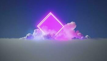 3d render, abstract minimal background with pink blue yellow neon light square frame with copy space, illuminated stormy clouds, glowing geometric shape, generate ai photo