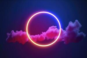 3d render, abstract cloud illuminated with neon light ring on dark night sky. Glowing geometric shape, round frame, generate ai photo