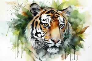 Paint a realistic portrait of a tiger in the jungle watercolor painting, beautiful natural forms, crisp clean shapes, colorful, white background, generate ai photo