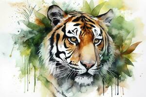 pintar un realista retrato de un Tigre en el selva acuarela cuadro, hermosa natural formularios, crujiente limpiar formas, vistoso, blanco fondo, generar ai foto