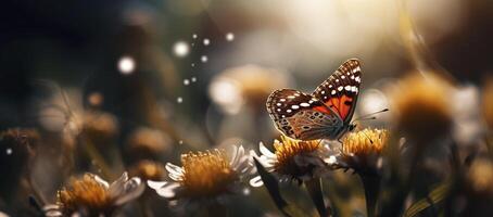 Field of daisies in golden rays of the setting sun in spring summer nature with an orange butterfly outdoors, photo